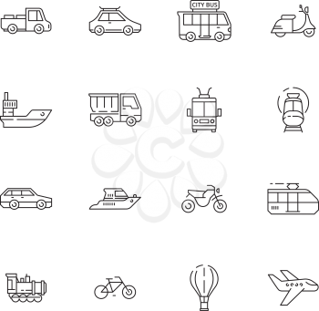 Public transport icons. Cars planes trains boats urban vehicles thin line collection symbols. Illustration of transport bus, train and plane
