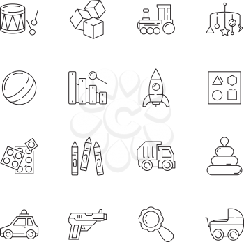 Toys icon. Games cars bear rattle vector funny items for kids. Illustration of car and rattle, game toy and drum
