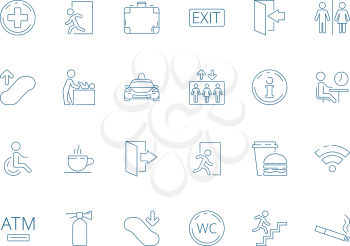 Navigate symbols. Public pictogram of restaurant place elevator washroom restroom toilet wifi vector icon collection. Navigate airport, luggage and swaddle, extinguisher and wc illustration