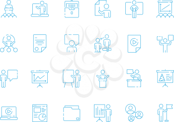 Business learning icon. Conference room manager presentation coaching team vector presentation symbols. Conference and presentation, business team training illustration