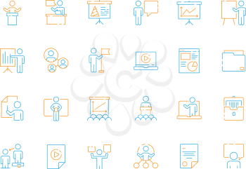 Public speech icons. Business presentation instructor classroom meeting seminar conference vector colored symbols. Illustration of conference and seminar, teacher lecture, business speech