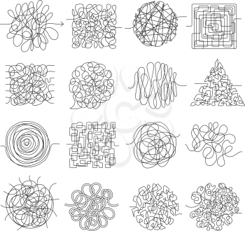 Scribble lines. Wire mess chaos threading vector shapes isolated. Wire knot chaotic, chaos scratch illustration