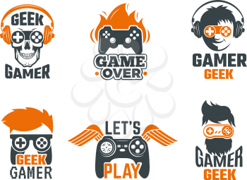 Gamers badges. Joystick video gaming old school labels for smart geek vector template. Logo for game club with joystick controller illustration
