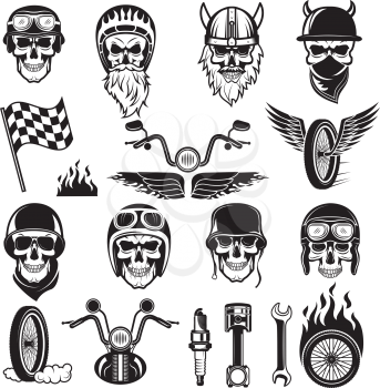 Biker symbols. Skull bike flags wheel fire bones engine motorcycle vector silhouettes. Illustration of motorcycle and biker skull
