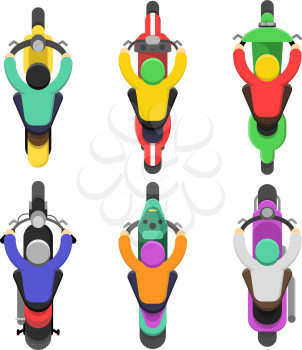 Motorcycle top view. Topping of motor bicycle with drivers traffic vector flat illustration. Motorcycle and moped, motorcyclist biker top view