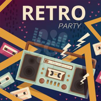 Retro radio poster. Typography design camera music cassette recorder vector placard of 80s. Music cassette retro, sound vintage radio illustration