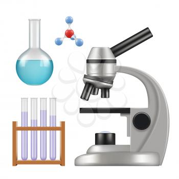 Science equipment. Microscope scientific chemical laboratory items glass cylinder and tubes beakers pipette vector realistic. Illustration of microscope for laboratory, glass flask