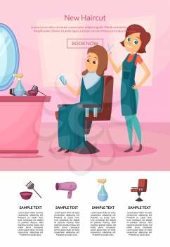 Vector landing page illustration with hairdresser doing a haircut to a client in salon with table and mirror. Haircut salon, hairdresser professional stylist