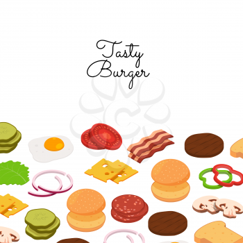 Vector isometric burger ingredients background with place for text illustration. Colored banner and poster