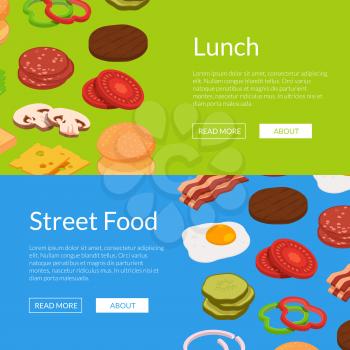 Vector isometric burger ingredients web banner templates illustration. Web poster for street food
