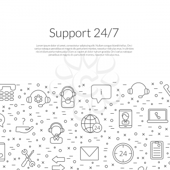 Vector line call support center icons background with place for text illustration. Line art style web banner