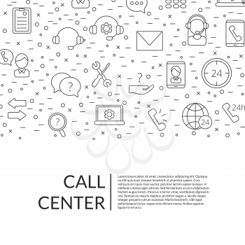 Vector line call support center icons background with place for text illustration