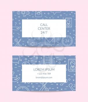 Vector line call support center icons business card template illustration in vintage retro style