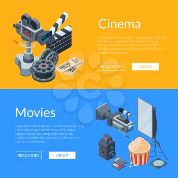 Vector cinematograph isometric elements web banner templates illustration. Colored poster with text