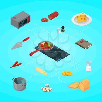 Vector cooking food of set isometric objects infographic concept illustration. 3D meal