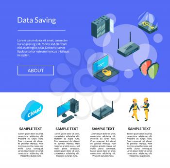 Vector electronic system of data center icons landing page template illustration