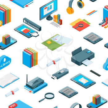 Vector isometric online education icons pattern or background illustration. Colored book and computer