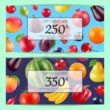 Vector realistic fruits and berries discount or gift voucher templates illustration