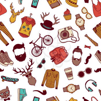 Vector hipster doodle icons background or pattern illustration. Hipster pattern with sunglasses and camera, vintage pipe and beard