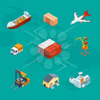 Vector isometric marine logistics and seaport infographic concept illustration. Business logistic, delivery cargo truck, transportation infographic