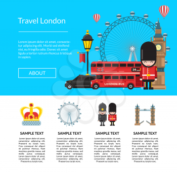 English London Brochure. Vector cartoon London sights and objects website landing page template illustration