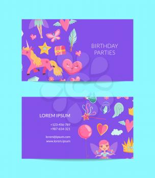 Vector cute cartoon magic and fairytale elements business card template for event manager company illustration