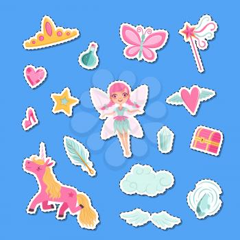 Vector cute cartoon magic and fairytale elements stickers set illustration. Fairytale magic, fairy and fantasy unicorn