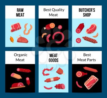 Collection of vector flat meat and sausages icons card or flyer template illustration