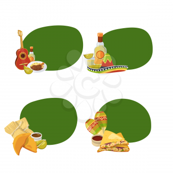 Vector cartoon mexican food stickers with place for text set illustration on white