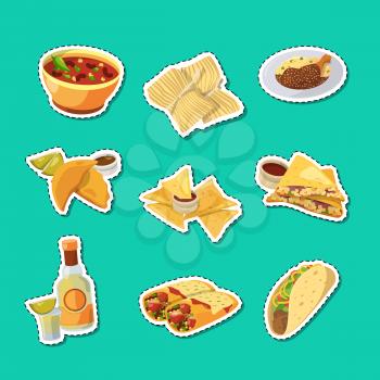 Vector cartoon mexican food stickers set illustration isolated on green backdrop