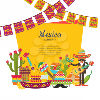 Vector flat Mexico attributes below frame with place for text and garlands illustration. Traditional sombrero and maracas, guitar instrument