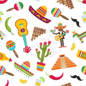 Vector flat colored mexico attributes set pattern or background illustration