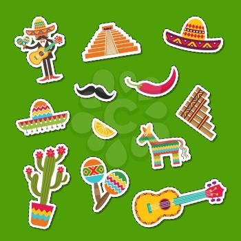 Vector flat Mexico attributes sticker set illustration isolated on green