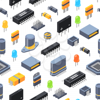 Vector isometric microchips and electronic parts icons pattern or background illustration. Microchip hardware, integrated tech seamless background