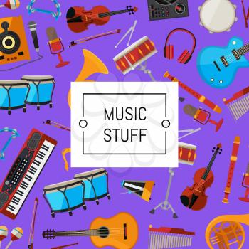 Vector cartoon musical instruments illustration. Color background and seamless pattern
