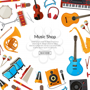 Vector cartoon musical instruments background with place for text illustration. Instrument of musical background, guitar and saxophone, keyboard and violin
