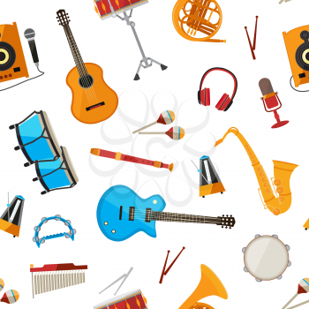 Vector cartoon musical instruments seamless pattern isolated on background llustration