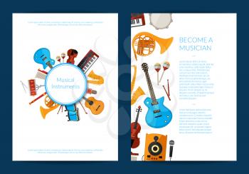 Vector cartoon musical instruments card or flyer template illustration. Collection of web banner posters
