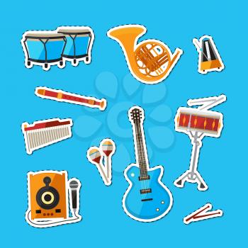 Vector cartoon musical instruments stickers set illustration isolated on blue background
