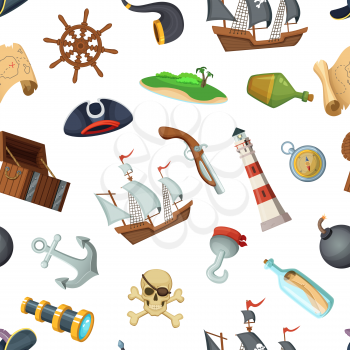 Vector cartoon sea pirates pattern or background illustration. Sail ship and travel