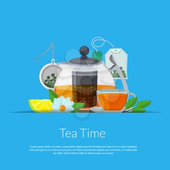 Vector cartoon tea kettle and cup in paper pocket illustration. Kettle for tea, teapot and teabag banner