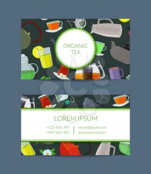 Vector cartoon tea kettles and cups business card template for tea shop illustration isolated on background