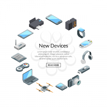 Vector isometric gadgets icons in circle shape with place for text illustration