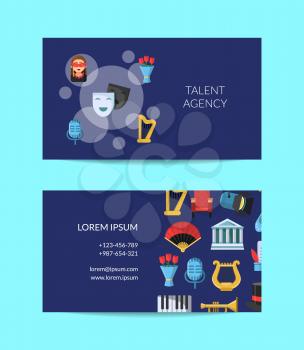 Vector flat theatre icons business card template for talent agency or actor classes illustration