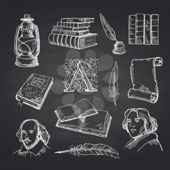 Vector hand drawn theatre elements set on black chalkboard background illustration