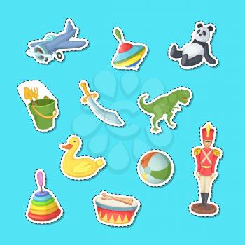 Vector cartoon children toys stickers set illustration isolated on blue background