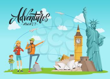 Vector concept illustration with world sights and happy family painting on them with lettering and clouds. Family travel and vacation trip