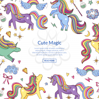 Banner vector cute hand drawn magic unicorns and stars background with place for text illustration
