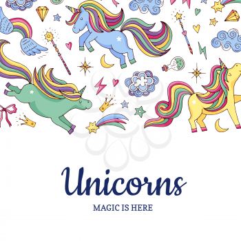 Vector cute hand drawn magic unicorns and stars background with place for text illustration. Poster template colored