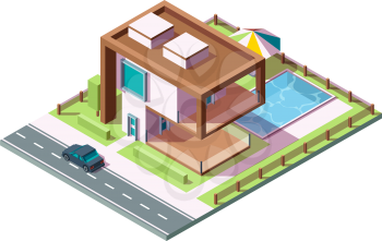 Modern private house. Luxury building residential exterior with grass car pool vector isometric home low poly 3d. Villa exterior house building, home architecture private illustration